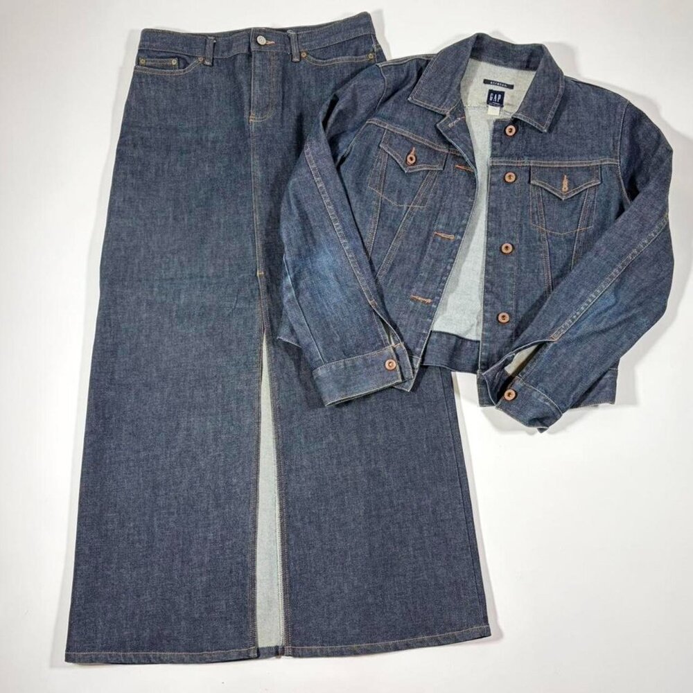 Early 2000s Dark Denim Jacket + Maxi Skirt Set
